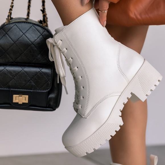 White Lace Up Combat Boot - Picture 1 of 2
